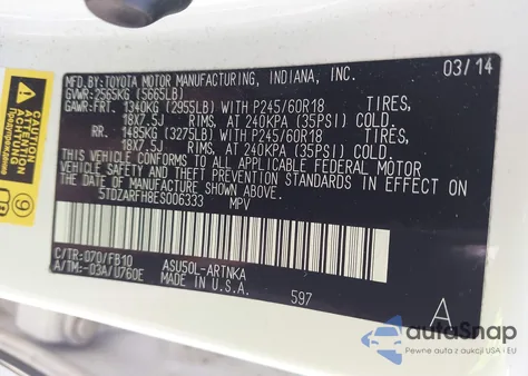 2014 Toyota Highlander Le z USA, uszkodzony, nr VIN 5TDZARFH8ES006333